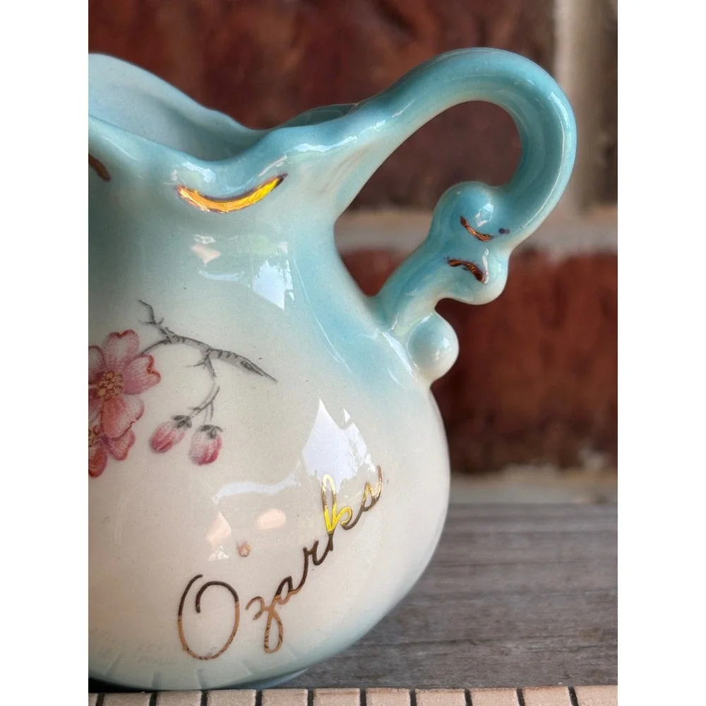 Vintage Ozarks Mini Pitcher Wash Basin Style Small Blue Floral Gold Decorative